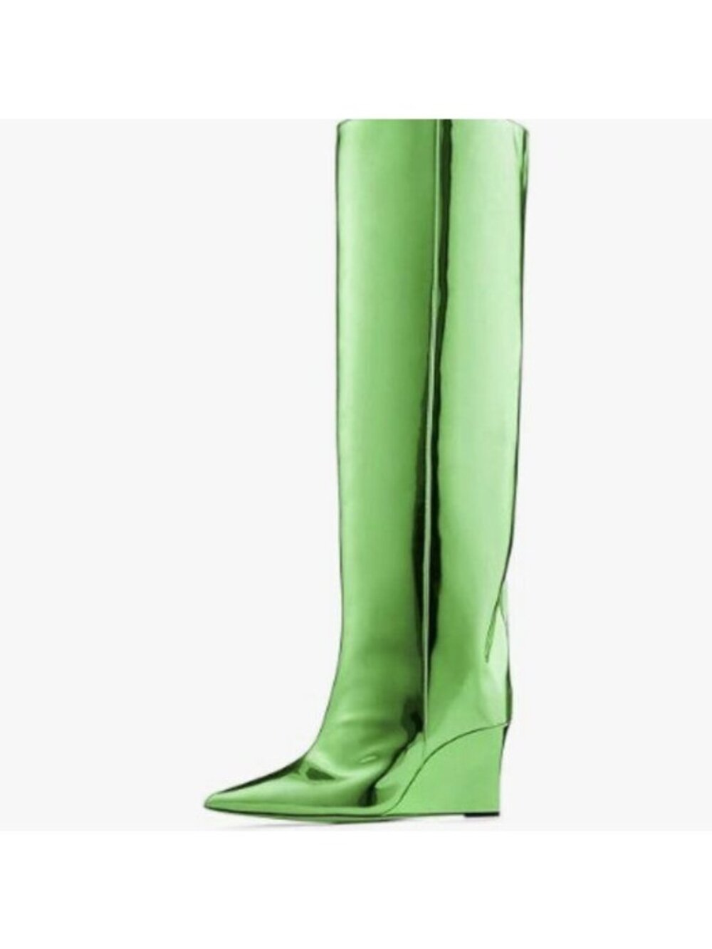 Liquid Metallic Knee High Boots Pointed Toe Shiny Chrome Wedge Heel Boot Green